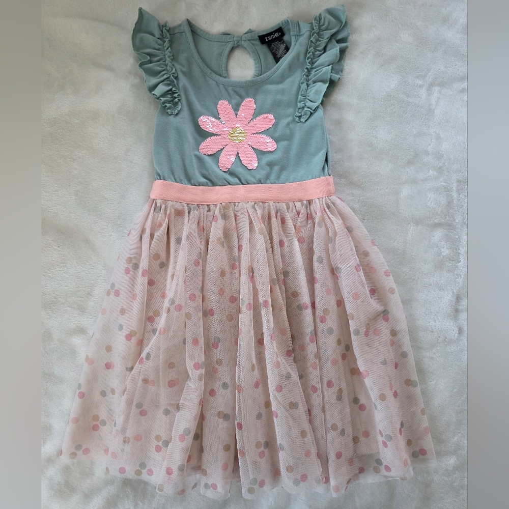 Zunie Size 6 Floral Sequin Tutu Ruffle Cap Sleeve Girls Dress - Teal and Pink